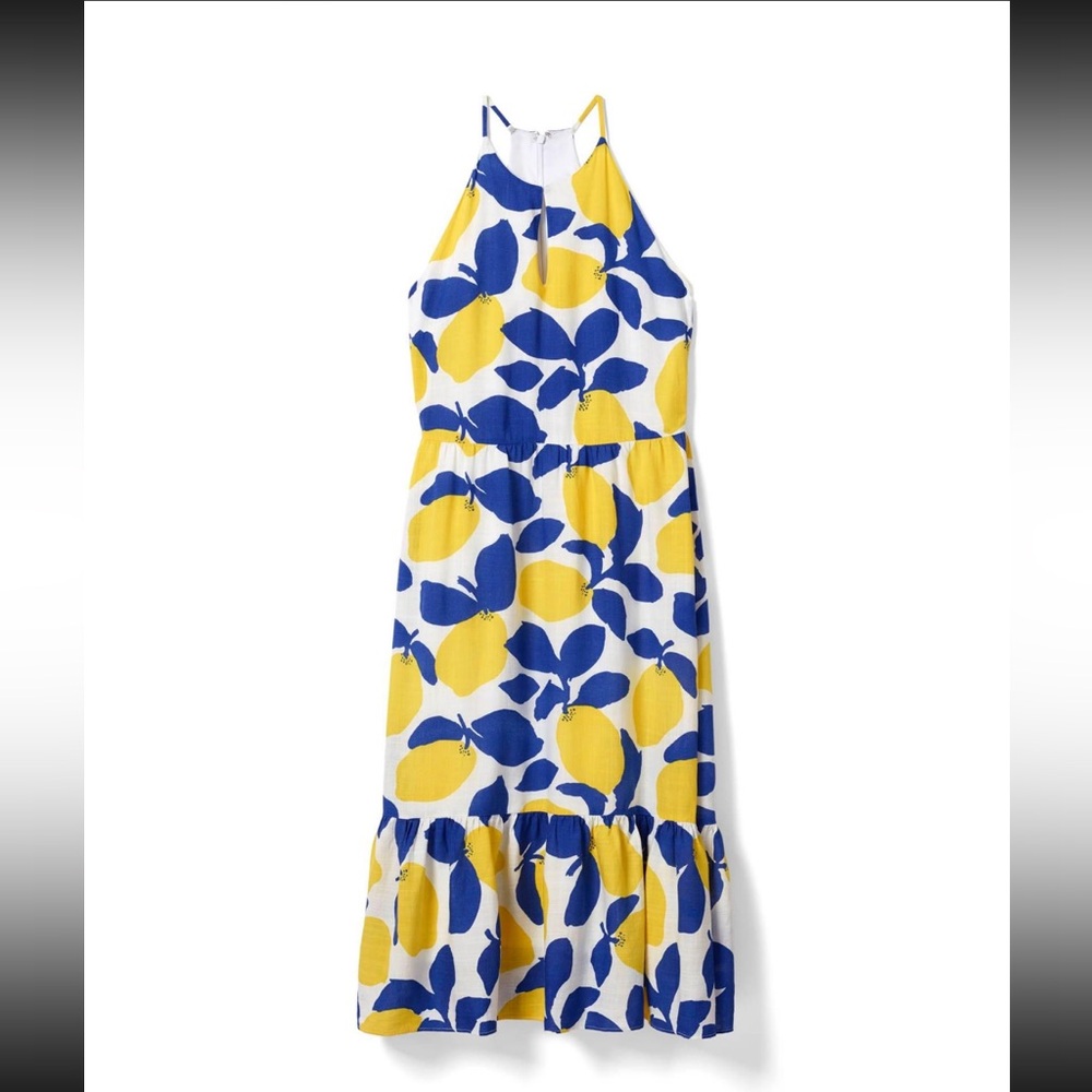 LOFT Yellow & Blue Lemon Print Maxi Dress